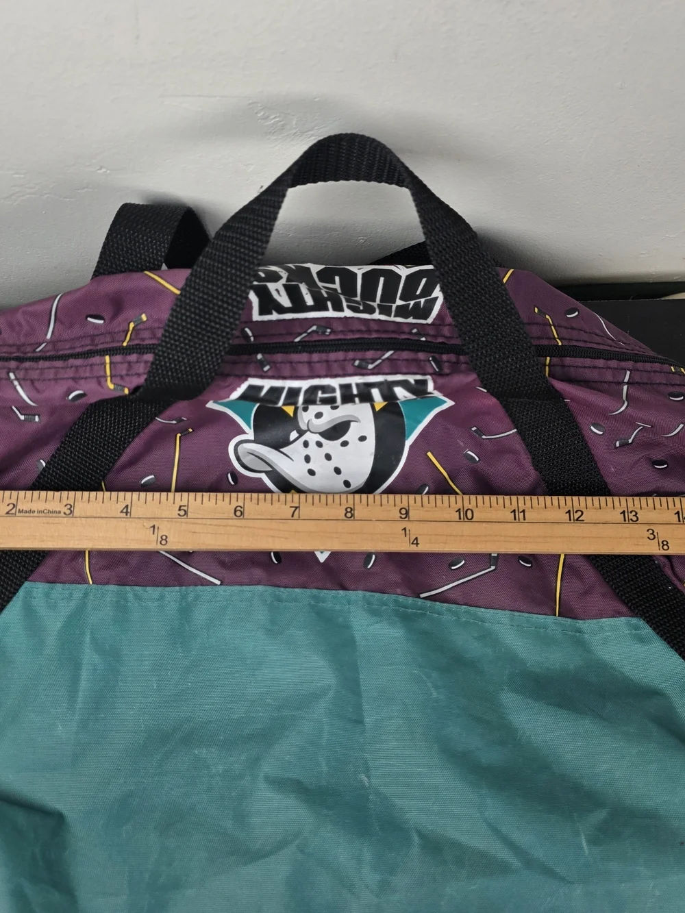 Vintage 90s Disney Mighty Ducks Purple Teal Duffel Bag Made USA